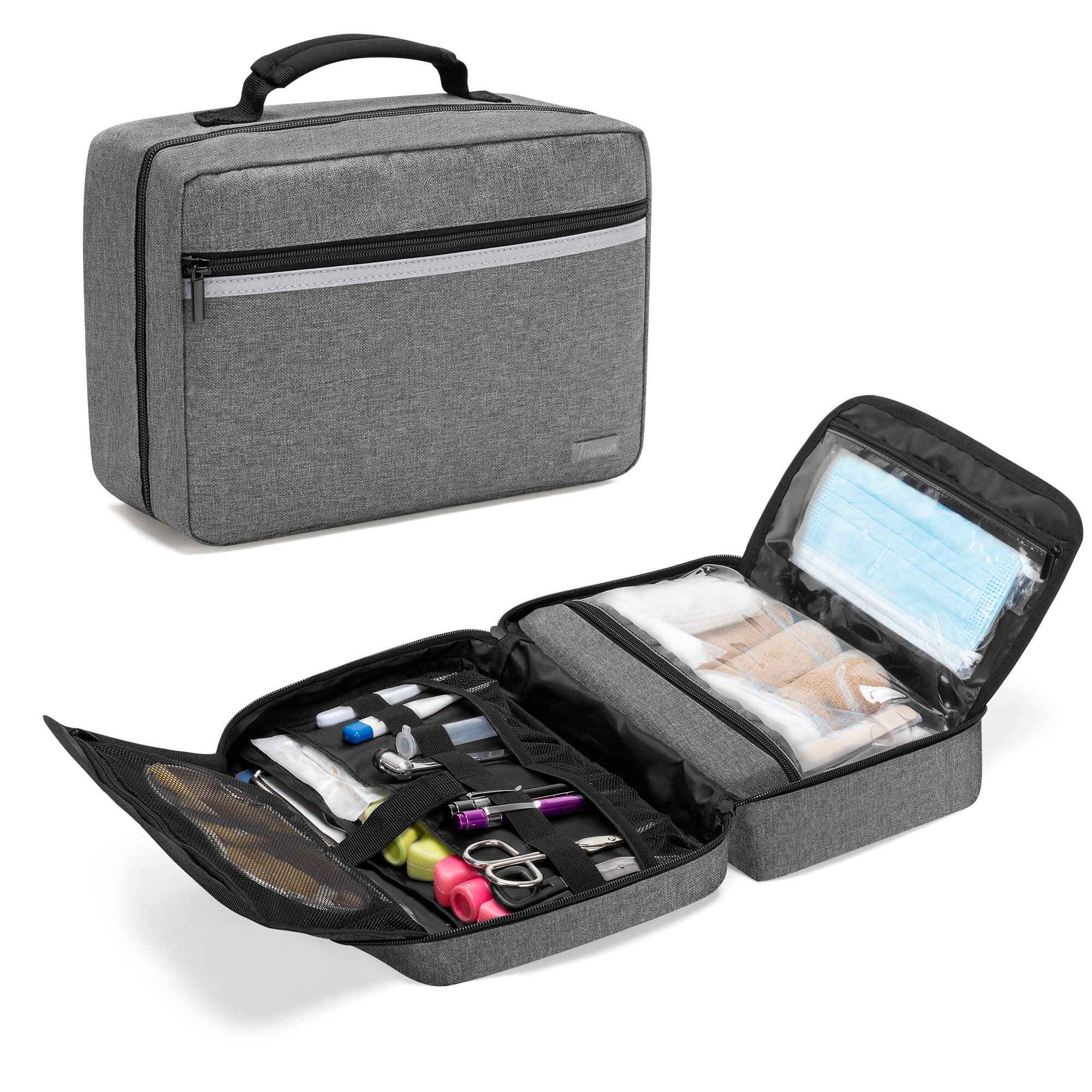 Trunab Portable First Aid Bag Empty Medical Supplies Bag with 2 Inner Flap Emergency Trauma Bag for Accessories Grey