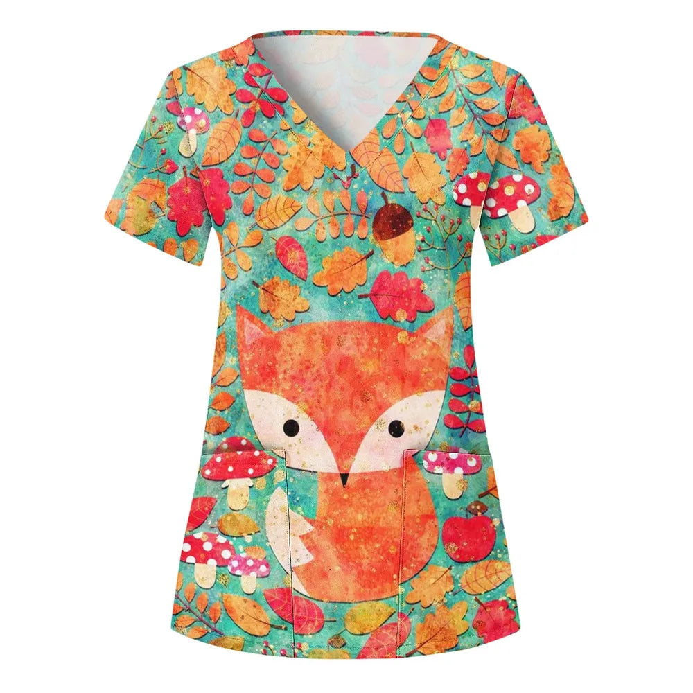 Nurse Uniform Women'S Tops V Neck T Shirt Cat Dog Cartoon Printed Tops Uniform Short Sleeve Pockets Medical Female Nurse Uniform