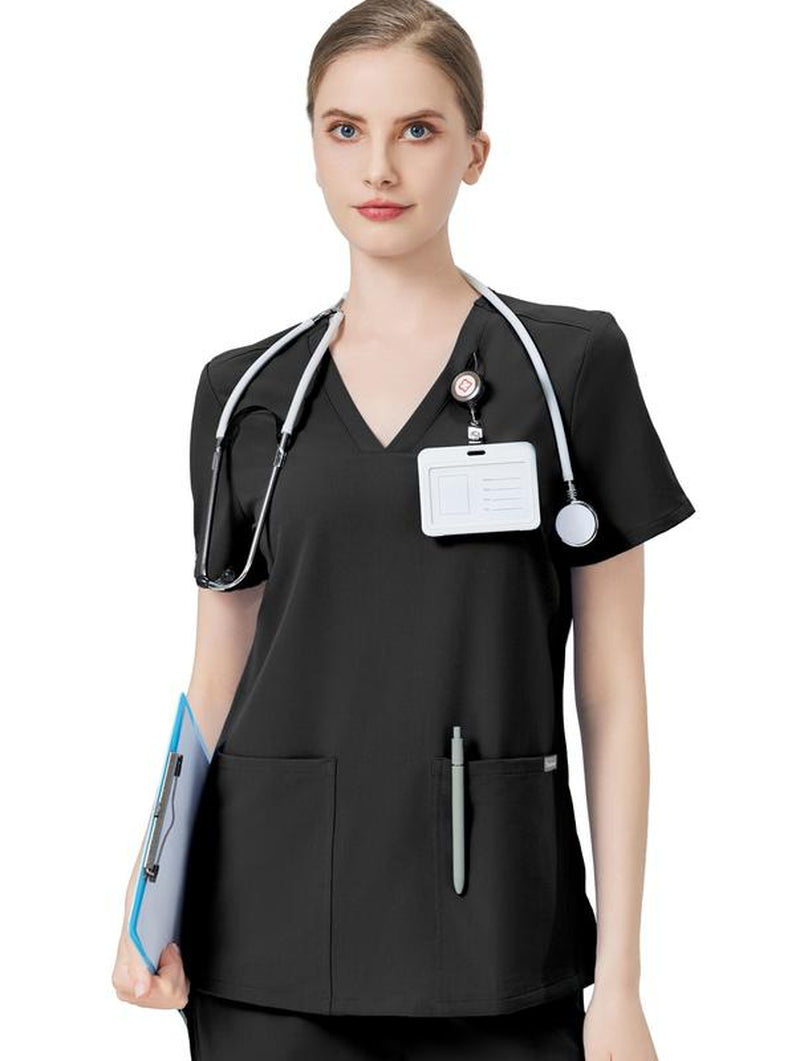 TINYLEMON Women Scrub Top - 3 Pocket V-Neck Top Scrubs Slim Fit with Badge Loop, Soft Four-Way Stretch Anti-Wrinkle Scrubs for Women Workwear
