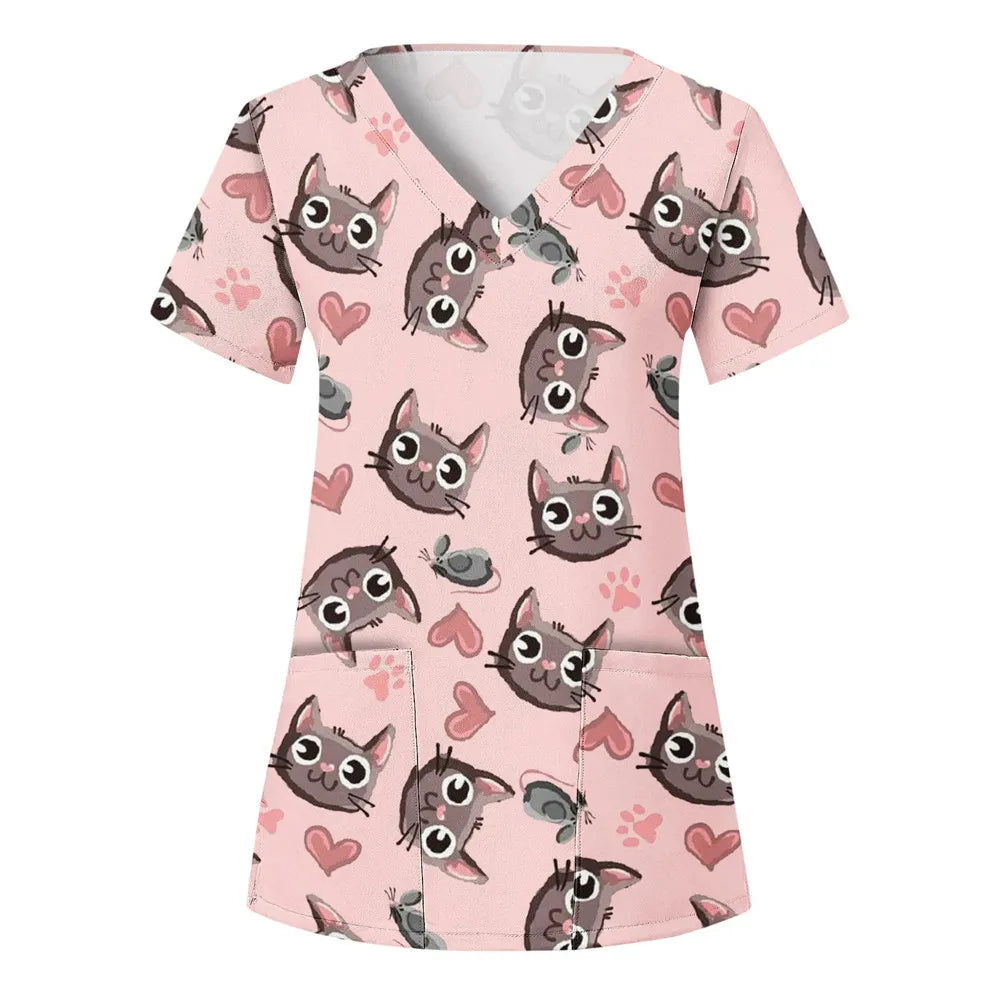 Nurse Uniform Women'S Tops V Neck T Shirt Cat Dog Cartoon Printed Tops Uniform Short Sleeve Pockets Medical Female Nurse Uniform