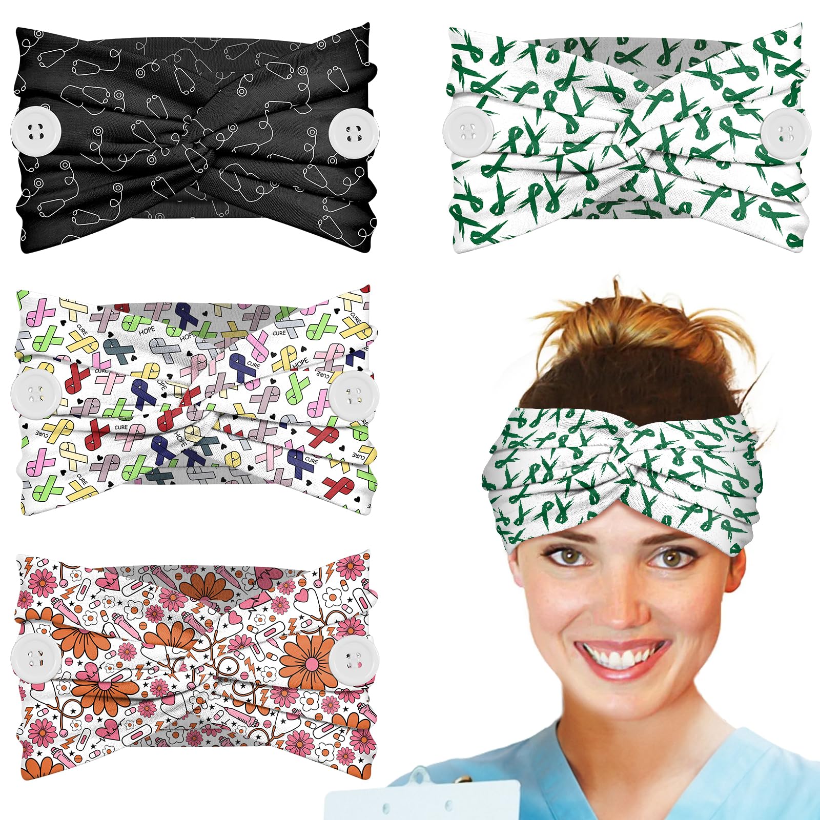 Plifal 4pcs Nurse Headbands for Women with Buttons Non Slip - Cute Cancer Doctor Nursing Sweat Wicking Head Bands Elastic Wide Turban Soft Hair Bands Accessories for Medical Healthcare Work