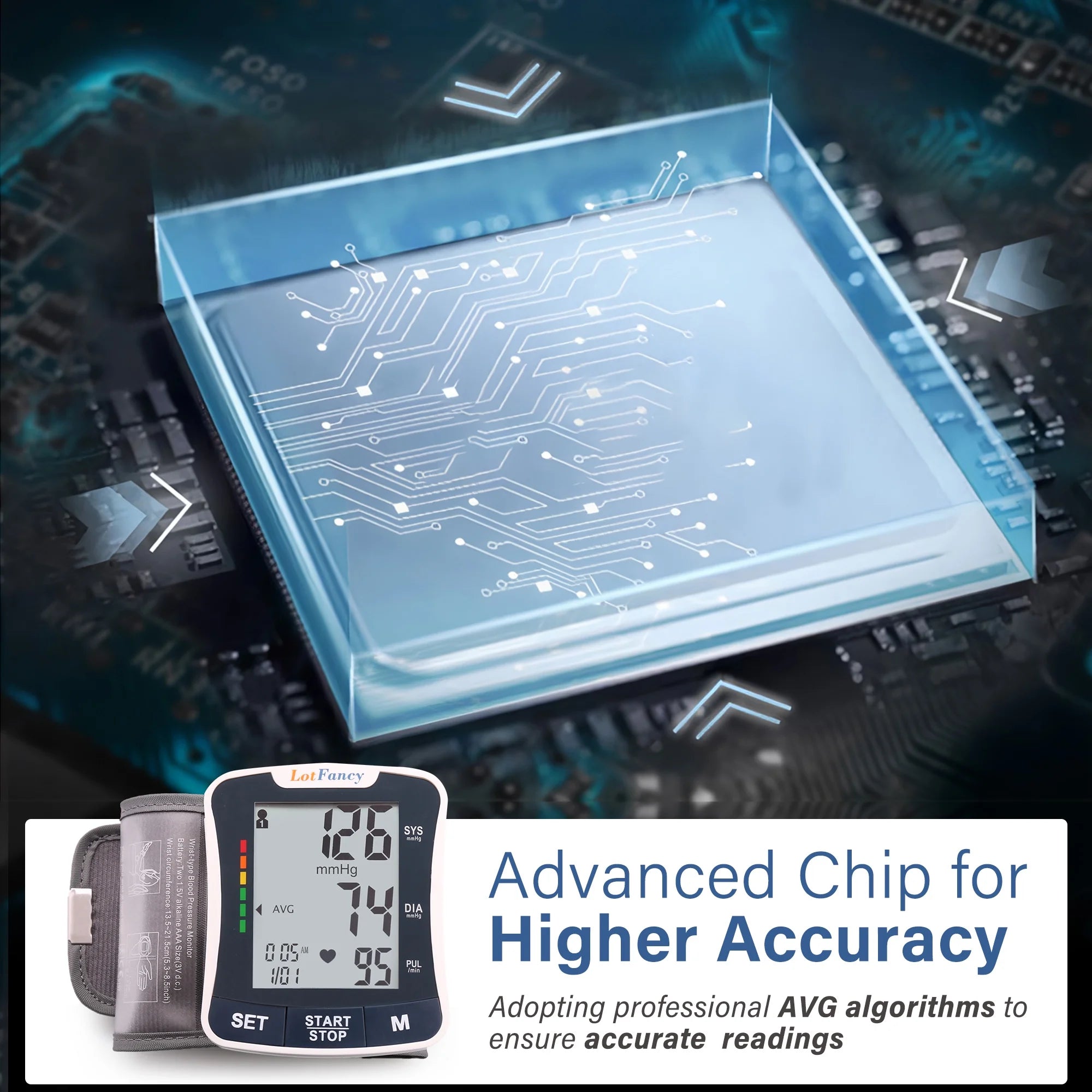 Blood Pressure Monitor, Wrist BP Cuff Machine Voice Broadcast, Home BP Gauge