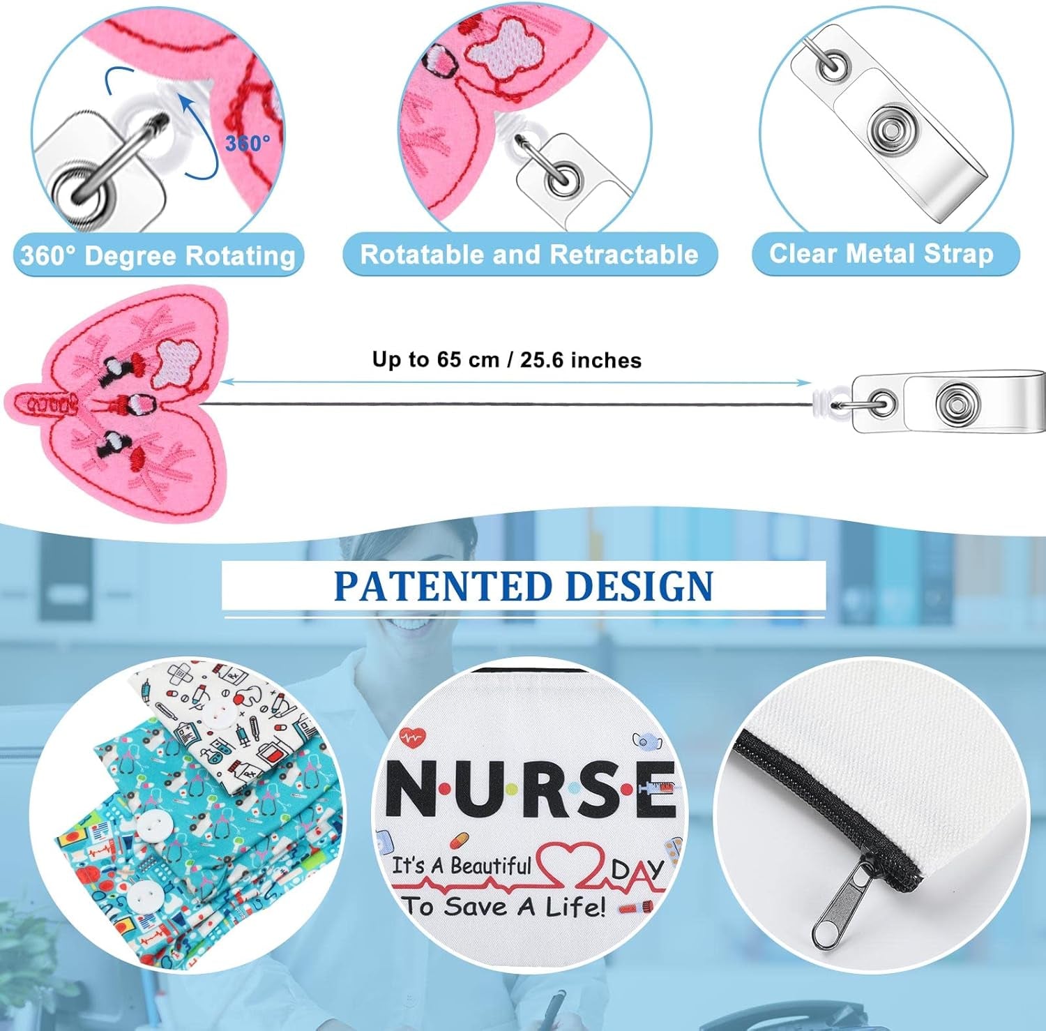 18 Pcs Nurse Gift Survival Kit 2025 Nurse Week Appreciation Gift for Women 6 Cosmetic Makeup Bag 6 Badge Reel Retractable 6 Headband with Button Women Doctor Present for Hospital(Stylish Style)