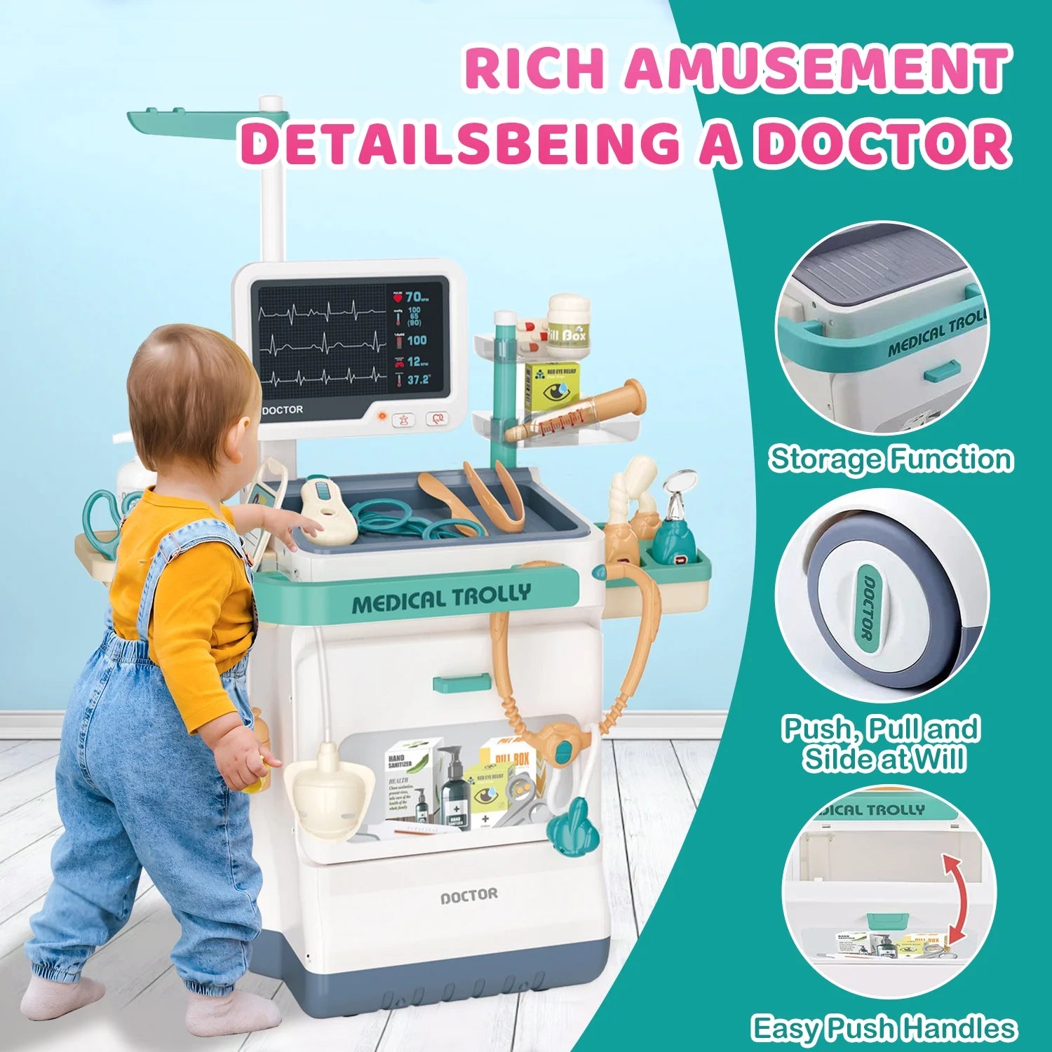 Doctor Kit for Kids Doctor Set Pretend Play Medical Kit Station Set for Girls Boys Dr. Playset Role Play Mobile Cart Trolley for Toddler Toys Christmas Gift, 26 PCS