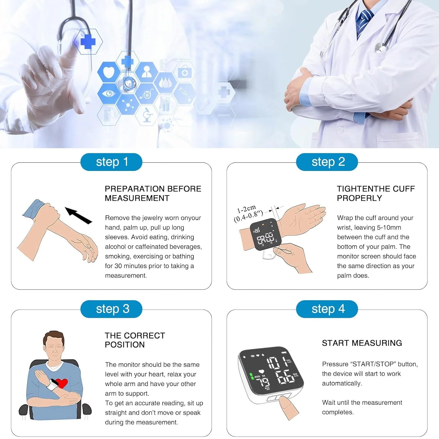 Automatic Wrist Blood Pressure Monitor, Adjustable Wrist Cuff, Portable BP Cuff Accurate Digital Heart Rate Monitor, Large LCD Talking BP Monitor for Home Travel