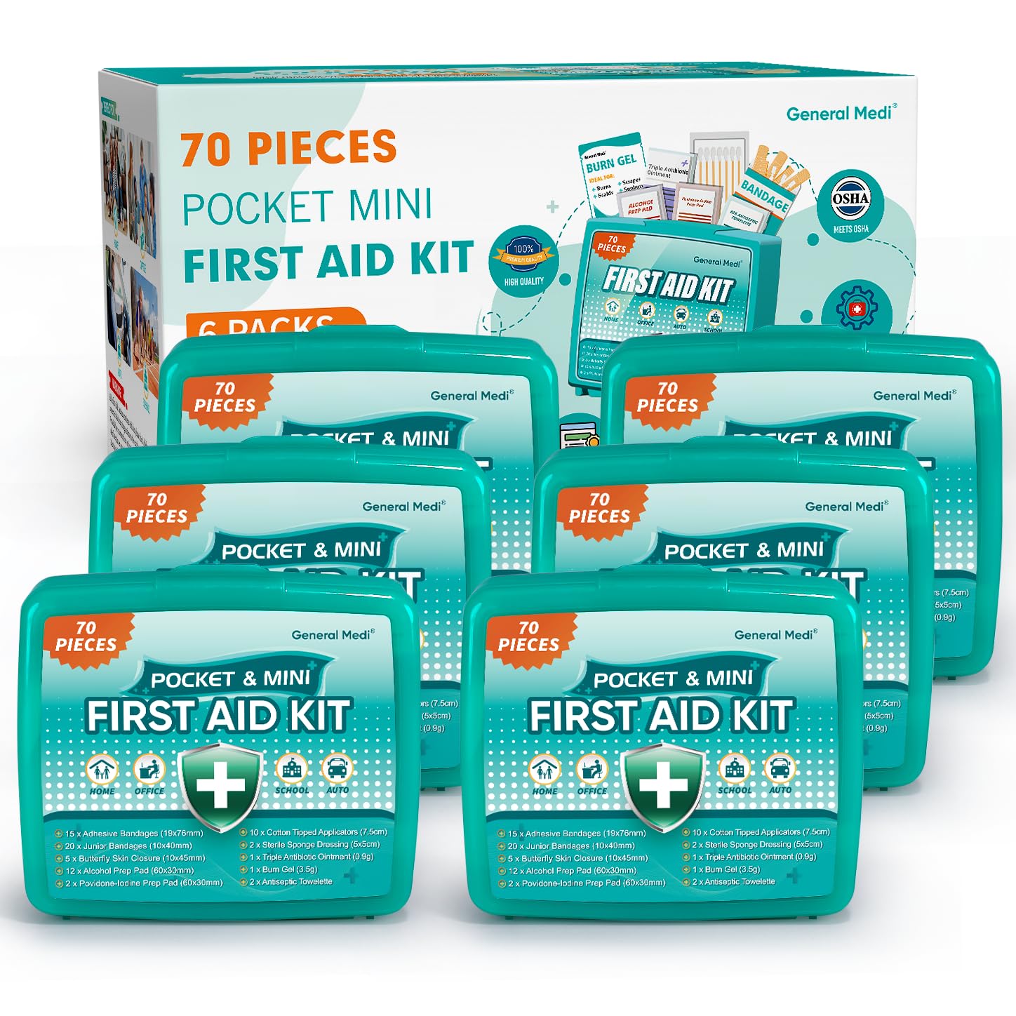 General Medi 420 Piece First Aid Kit 6 Individual Boxes of 70 Items Each - Contains Premium Medical Supplies for Travel Home Office Vehicle Camping Workplace & Outdoor (420 pcs 6 Pack)