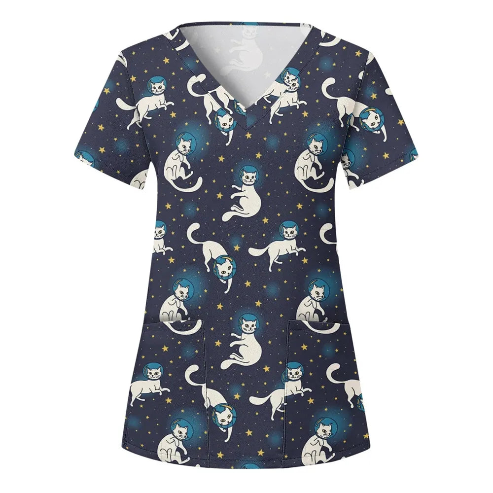 Nurse Uniform Women'S Tops V Neck T Shirt Cat Dog Cartoon Printed Tops Uniform Short Sleeve Pockets Medical Female Nurse Uniform
