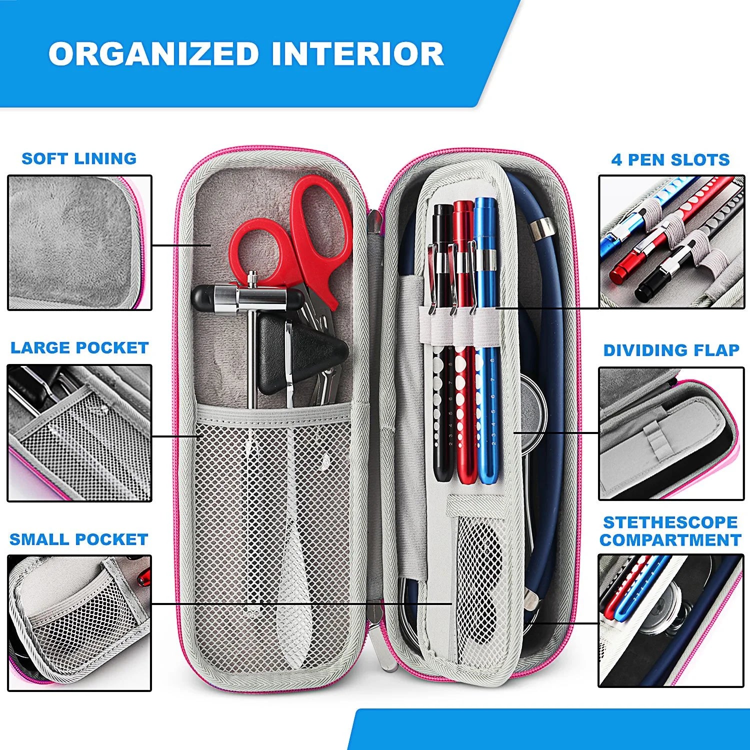 KB-9397-PK Stethoscope Case, Supplies Included, Pink with Multiple Compartments, Portable and Lightweight First Aid Kit Bag with Vital Medical Supplies, Nursing Accessories for Nurses