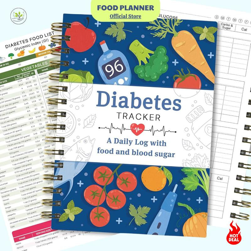 Diabetes Daily Log Book, Diabetes Food List Meal Planner, Diabetic Record Monitor for Types 1 & 2, Food & Blood Sugar, Glycemic Index (GI), Track Glucose, Carbs Calories, Insulin | A5 Spiral Bound Organizer Journal