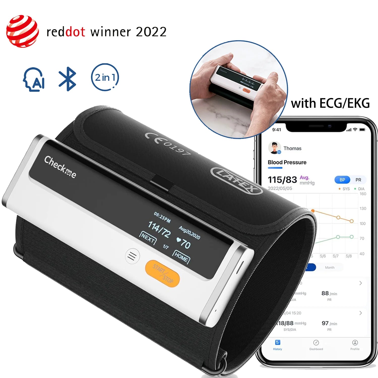 Bluetooth Blood Pressure Monitor and EKG Monitor | Wireless Upper Arm BP Machine with Large Cuff | AI Analysis ECG Monitor | BP2