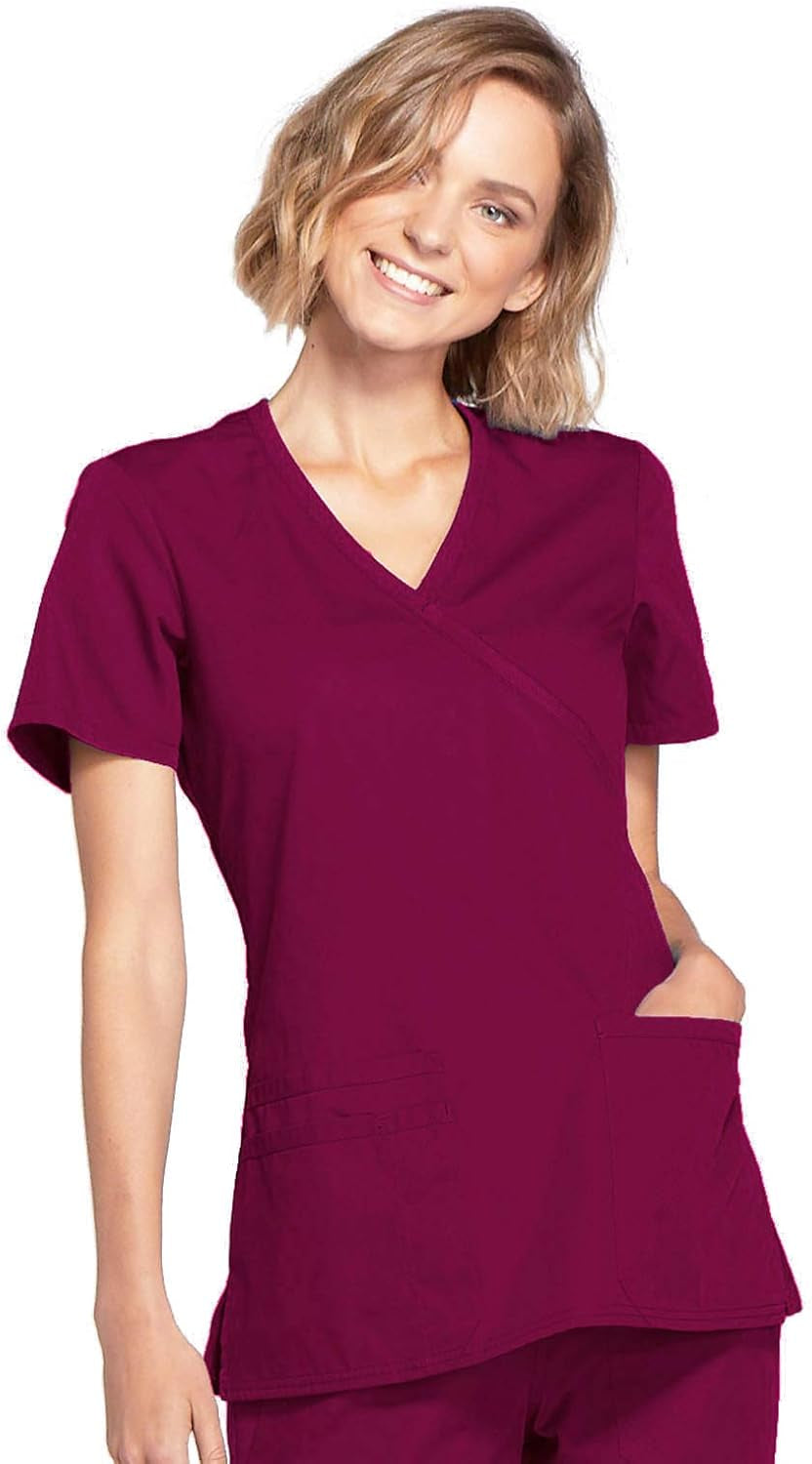 Scrubs for Women Mock Wrap Nursing Scrub Top with 3 Pockets, Side Vent & Stretch Back Panels Medical Uniform - WW650