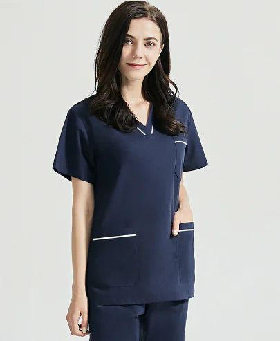Women's Nurse Uniform Set - White with Navy Trim