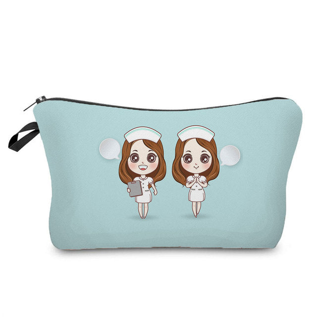 Cartoon Nurse Printed Makeup Bag - Foldable & High Capacity