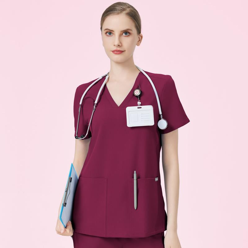 TINYLEMON Women Scrub Top - 3 Pocket V-Neck Top Scrubs Slim Fit with Badge Loop, Soft Four-Way Stretch Anti-Wrinkle Scrubs for Women Workwear