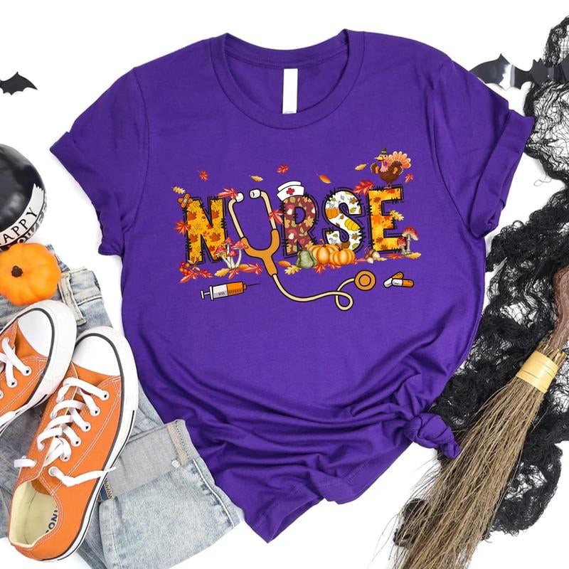 Thanksgiving Nurse T-Shirt for Women, Nursing Fall Shirt, Nurse Thanksgiving Tee, Nurse Gift Casual Comfort Fabric