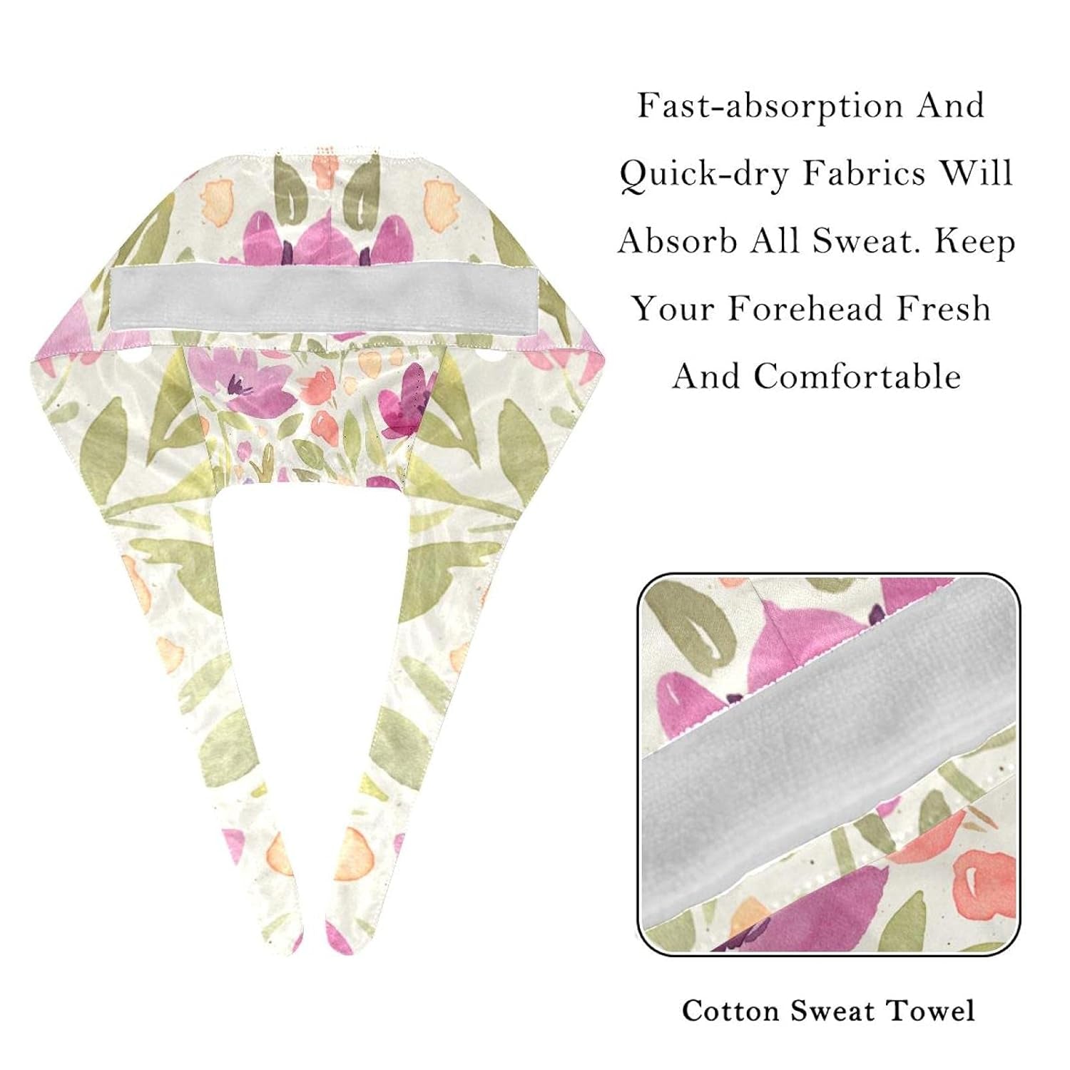 2 Pack Aesthetic Pink Floral Pattern Work Caps with Sweatband for Women Men, Bouffant Scrub Turban Cap
