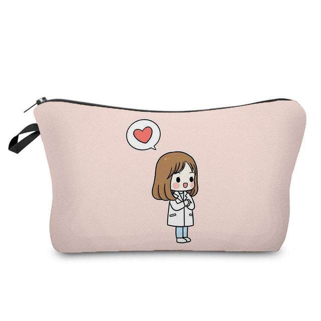 Cartoon Nurse Printed Makeup Bag - Foldable & High Capacity