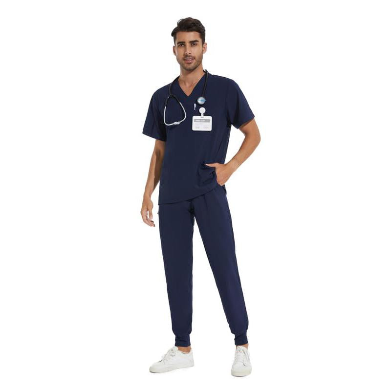 Cozyfit Men Scrubs Set — Stretch V-Neck Scrub Top & Jogger Pant with 8 Pockets, Yoga Waistband, Anti-Wrinkle Scrubs for Men Menswear Overalls