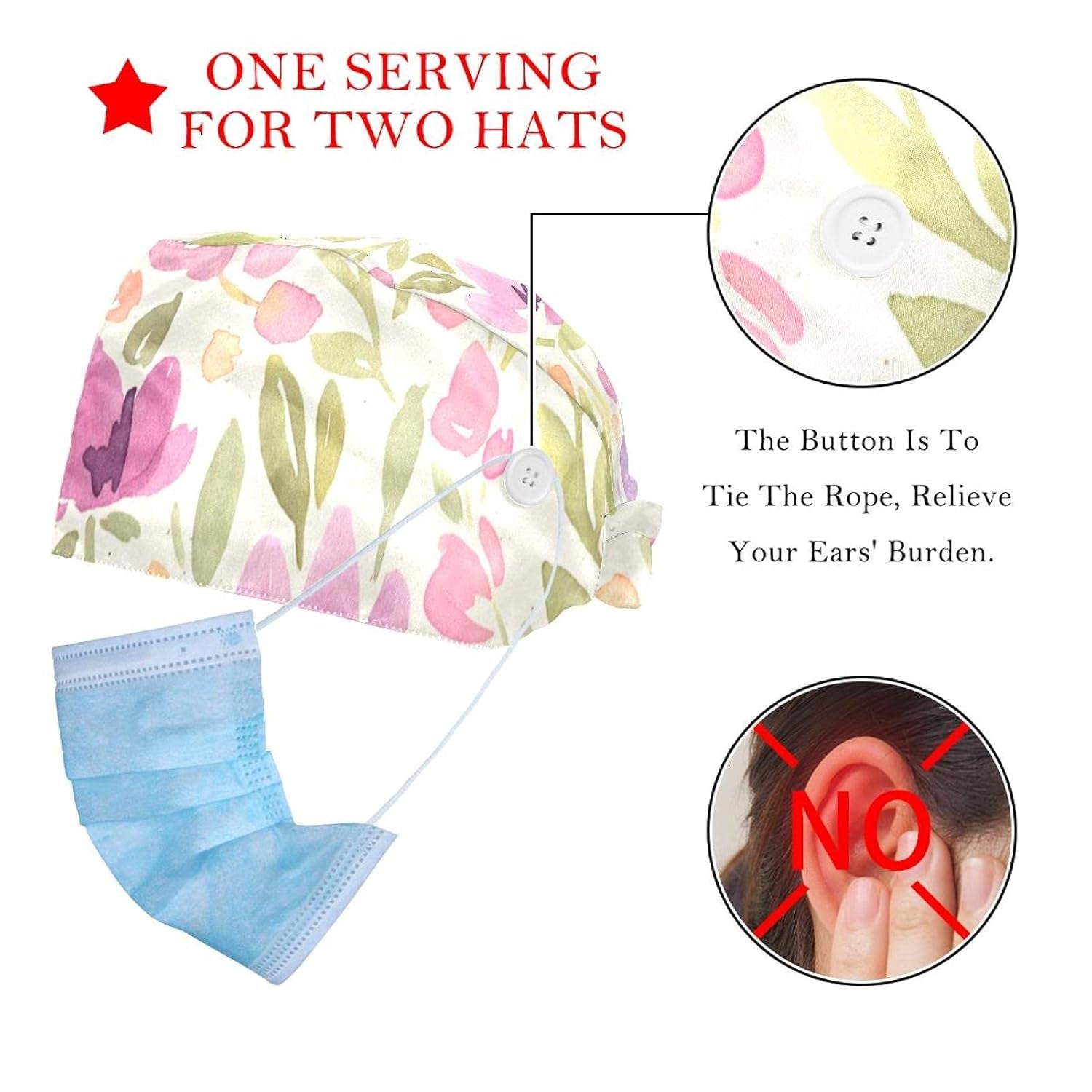 2 Pack Aesthetic Pink Floral Pattern Work Caps with Sweatband for Women Men, Bouffant Scrub Turban Cap