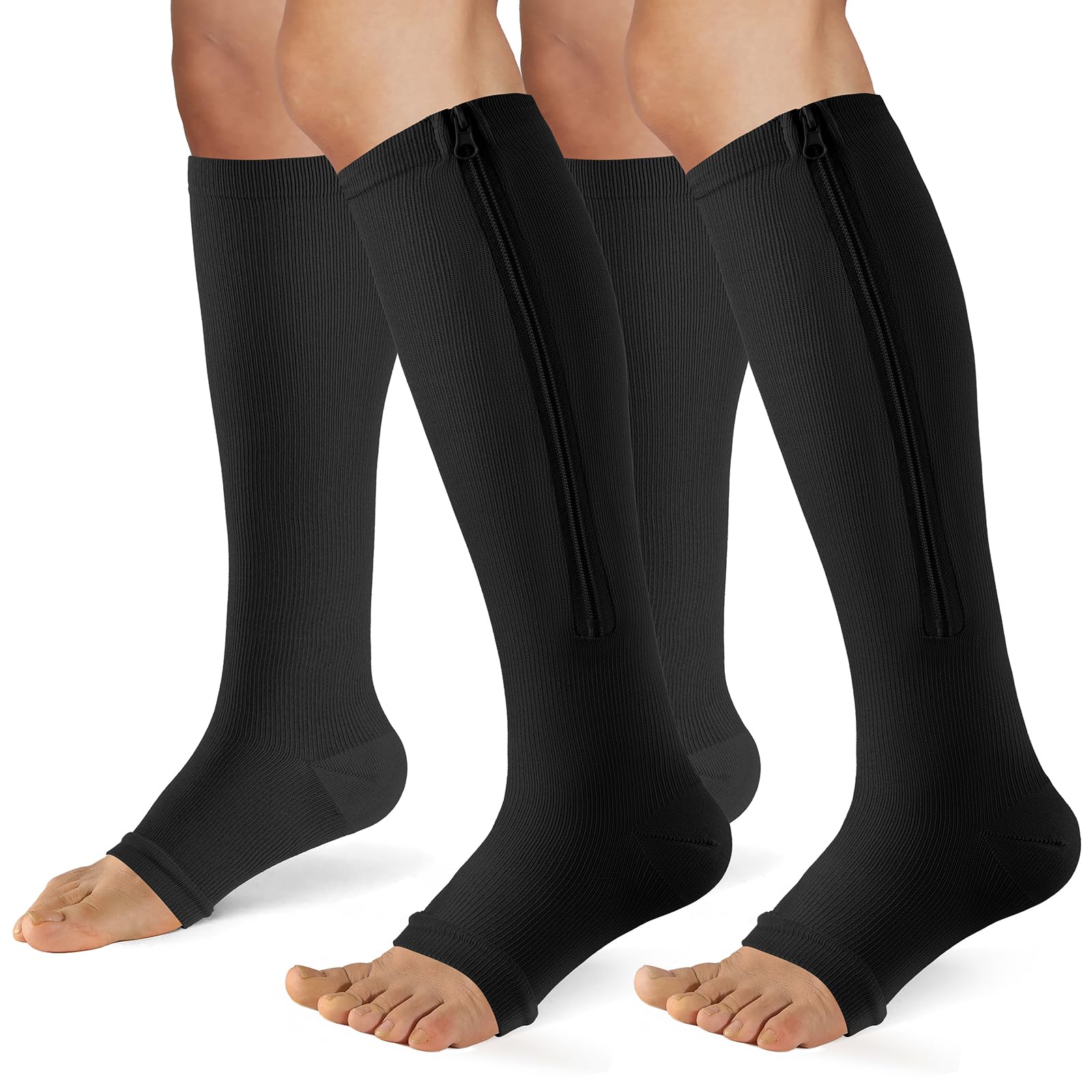 FOFLORA Zipper Compression Socks for Women & Men 2 Pairs，15-20mmhg Open Toe Compression Stockings for Nurse and Long Standing Crowd