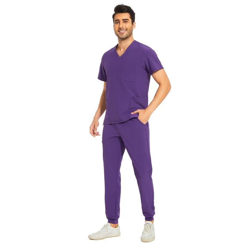 Cozyfit Men Scrubs Set — Stretch V-Neck Scrub Top & Jogger Pant with 8 Pockets, Yoga Waistband, Anti-Wrinkle Scrubs for Men Menswear Overalls