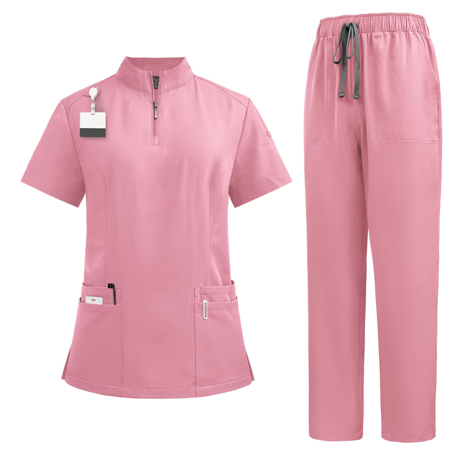 niaahinn Scrub for Women Set- Collar Neck Scrub Top & Yogga Waistband Cargo Pants 4-Way Stretch Scrub Set (PinkXXL)