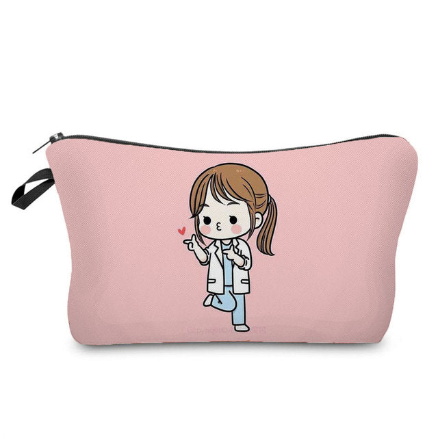 Cartoon Nurse Printed Makeup Bag - Foldable & High Capacity