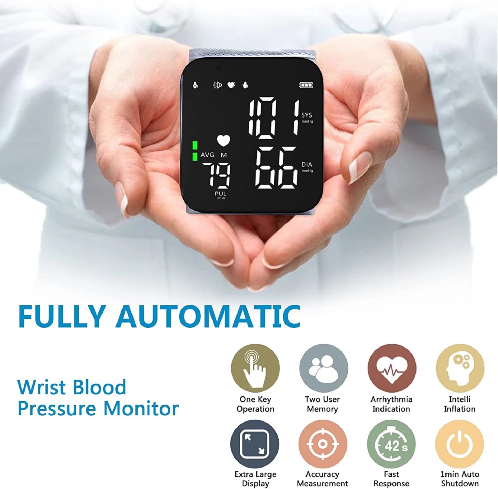 Blood Pressure Machine Large LED Backlit Display Adjustable Wrist Cuff Automatic Dual 99 Reading Memory Automatic Digital BP Monitor with Irregular Heartbeat Indicator for Home Use
