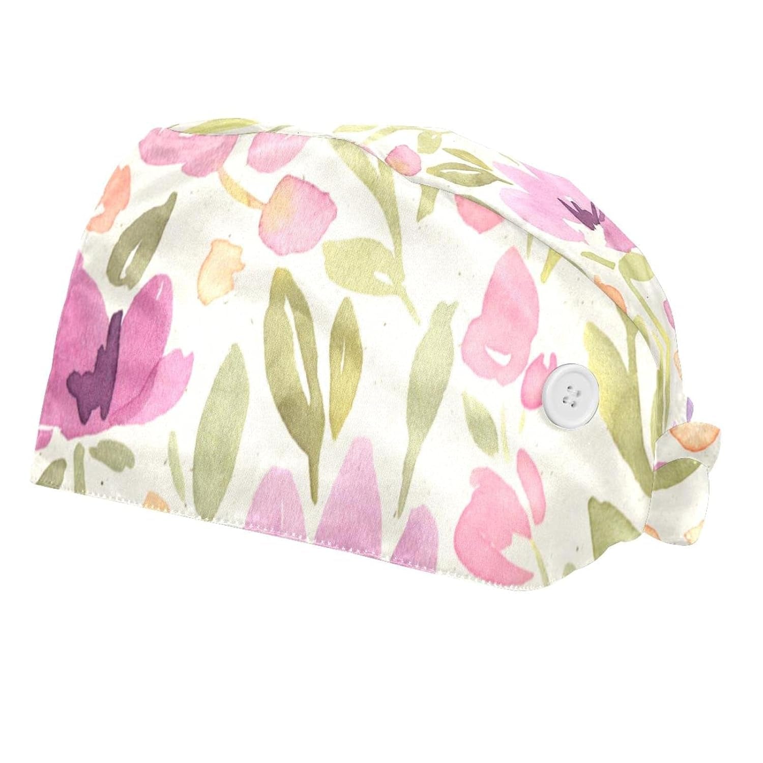 2 Pack Aesthetic Pink Floral Pattern Work Caps with Sweatband for Women Men, Bouffant Scrub Turban Cap