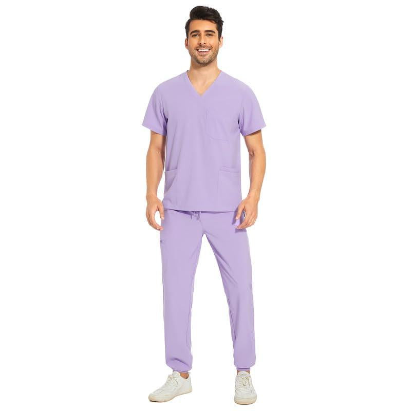 Cozyfit Men Scrubs Set — Stretch V-Neck Scrub Top & Jogger Pant with 8 Pockets, Yoga Waistband, Anti-Wrinkle Scrubs for Men Menswear Overalls