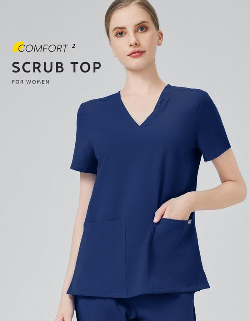 TINYLEMON Women Scrub Top - 3 Pocket V-Neck Top Scrubs Slim Fit with Badge Loop, Soft Four-Way Stretch Anti-Wrinkle Scrubs for Women Workwear
