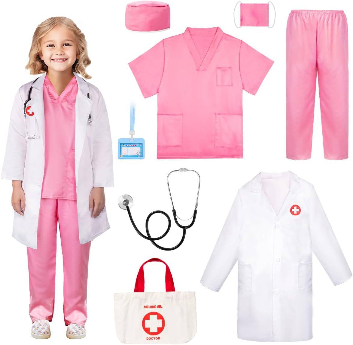 Kids Doctor Costume - Scrubs with Lab Coat & Carry Bag for Dress Up