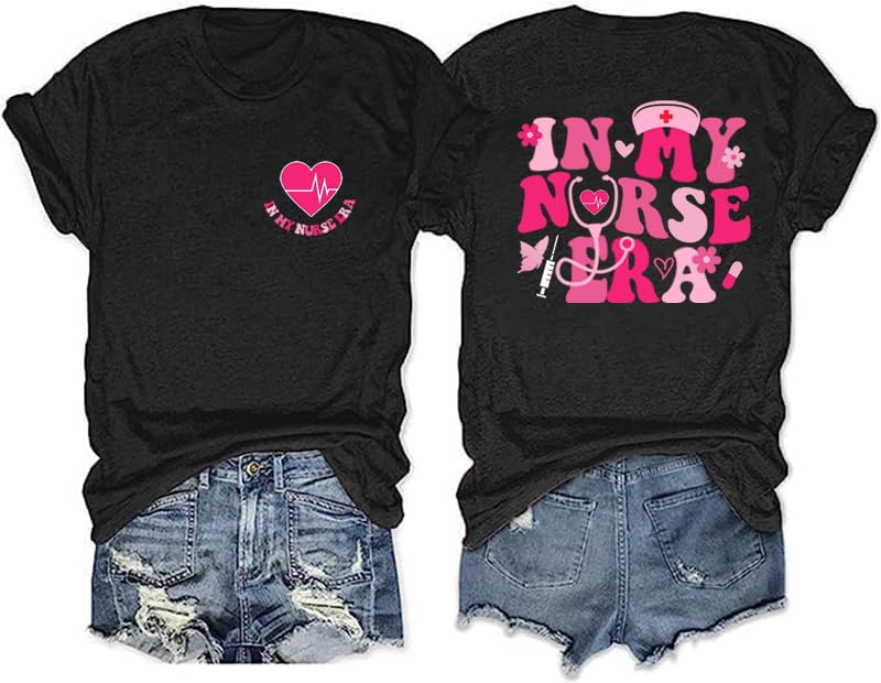 Womens Nurse Shirts Double Sides in My Nurse Era Graphic Tee Novelty Nursing Life Tshirt Black Grey 2XL