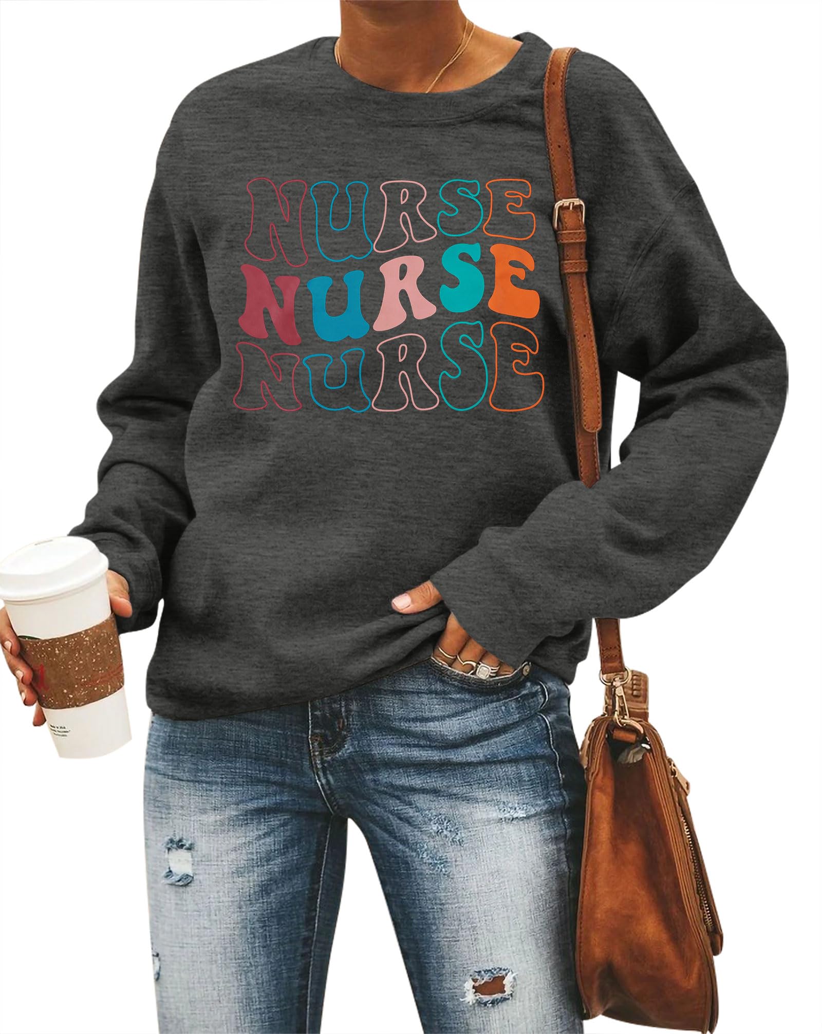 FASHGL Women Nurse Sweatshirt Registered Nurse Pullover Shirts Nurse Life Letter Print Shirt Nursing School Long Sleeve Tees Deep Gray