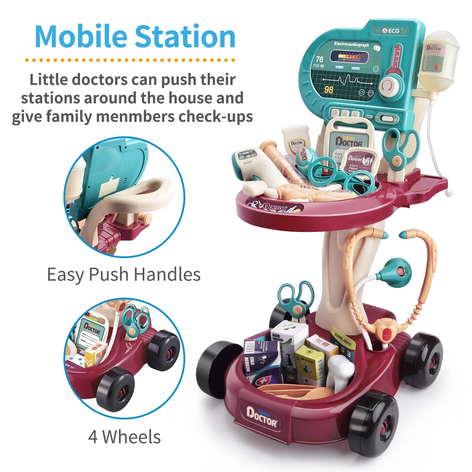 Eohemeral Play Doctor Kit for Kids,Medical Kit Toy Cart with 24Pieces Accessories Doctor Play Set for Kids,Toddler Boys & Girls