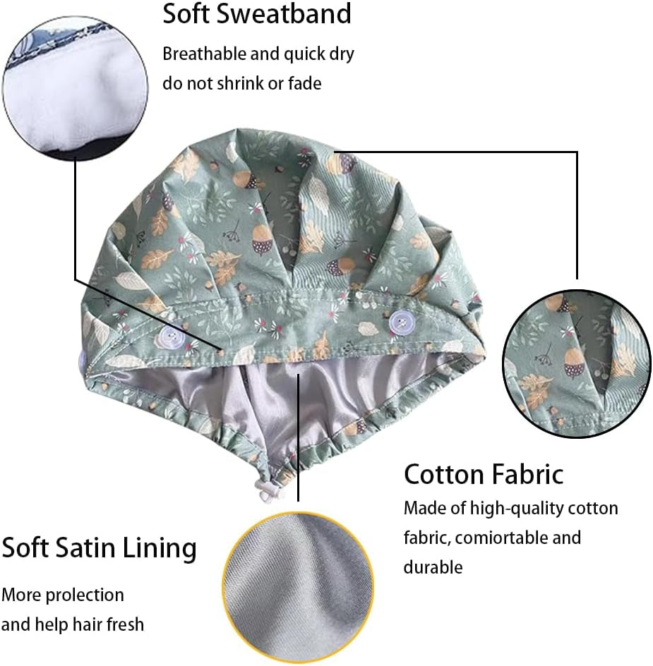 6PCS Bouffant Scrub Caps Women, Satin Lined Scrub Caps Women, Adjustable Surgical Cap for Womens, Nurse Cap with Button and Sweatband, Unisex Scrub Hats, One Size Multi Color