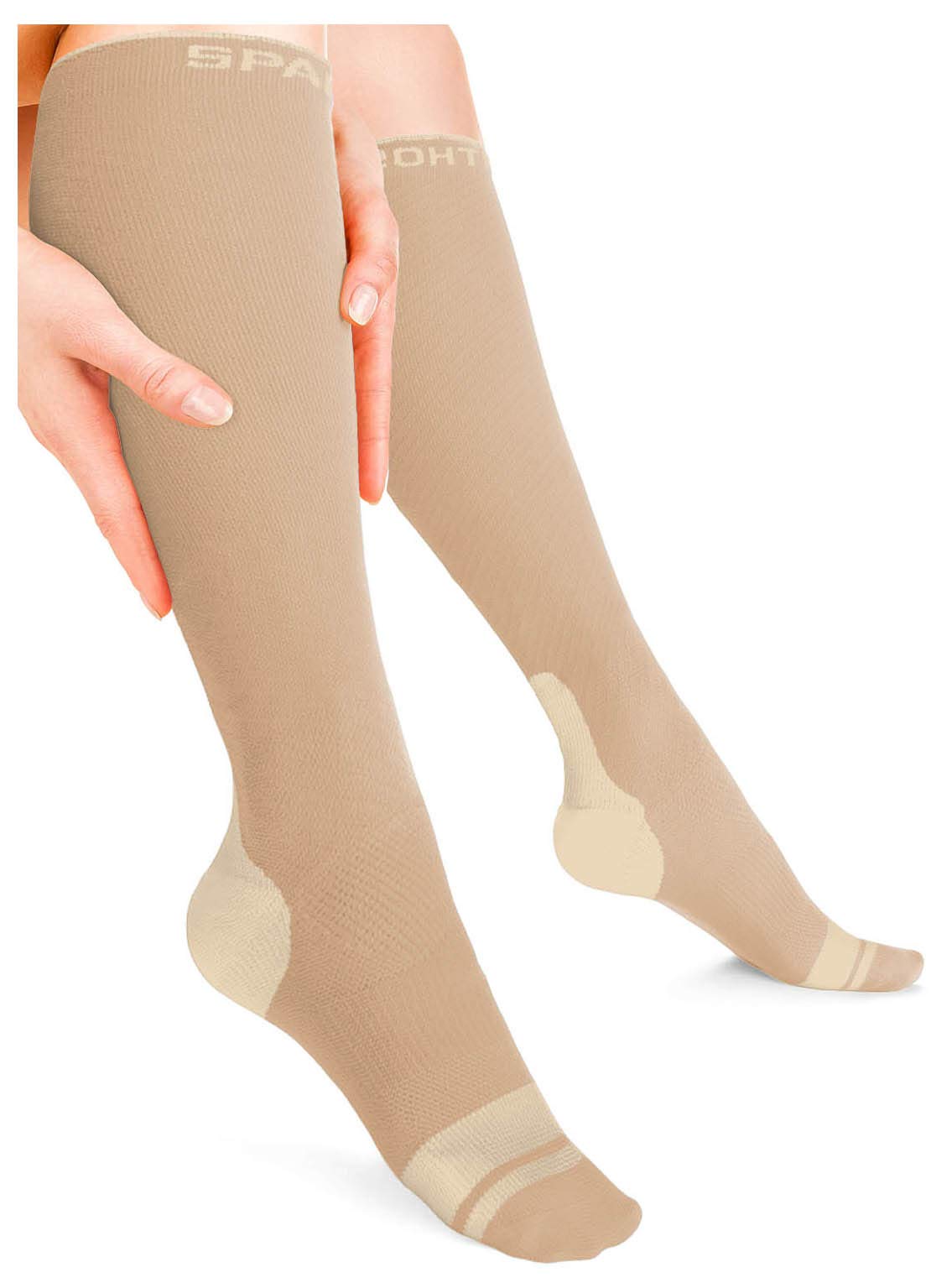 Sparthos Compression Socks (20-30mmHg) - Knee High Sock for Sport Running Travel Medical Support Pregnancy Nurses - Dr Soothers Ankle Brace for Plantar Fasciitis - Mens and Womens (Beige-LXL)