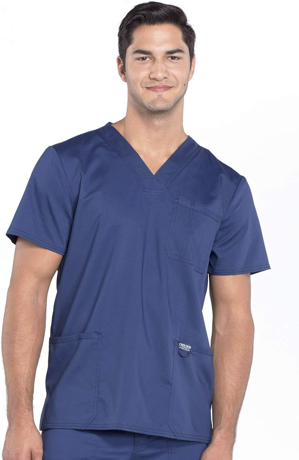 Scrub Top for Men V-Neck with 3 Pockets, Knit Details, Soft, Durable, Breathable, 2-Way Stretch Fabric - WW670