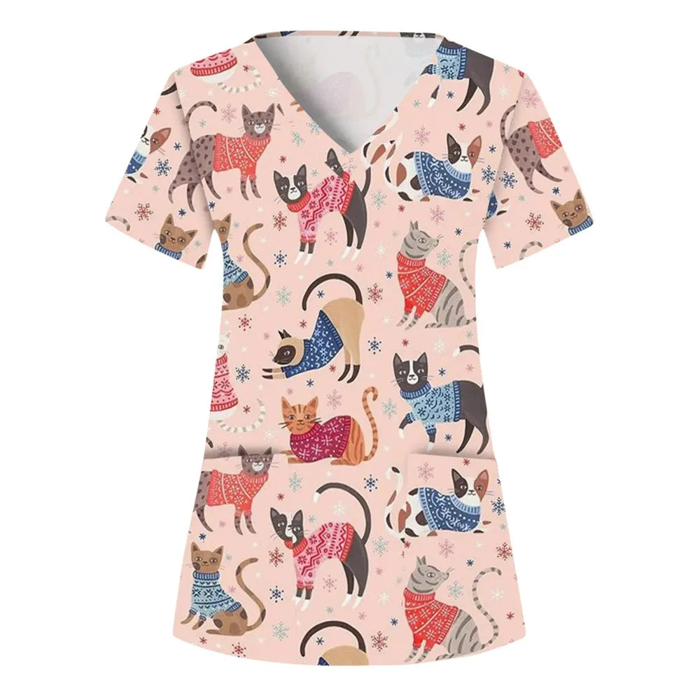 Nurse Uniform Women'S Tops V Neck T Shirt Cat Dog Cartoon Printed Tops Uniform Short Sleeve Pockets Medical Female Nurse Uniform