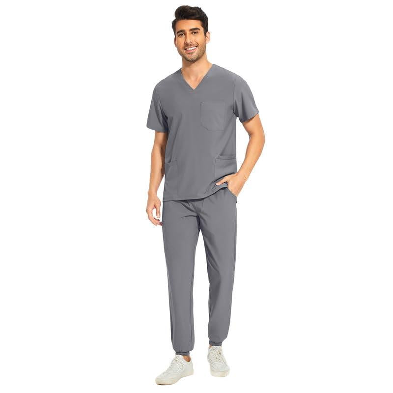 Cozyfit Men Scrubs Set — Stretch V-Neck Scrub Top & Jogger Pant with 8 Pockets, Yoga Waistband, Anti-Wrinkle Scrubs for Men Menswear Overalls