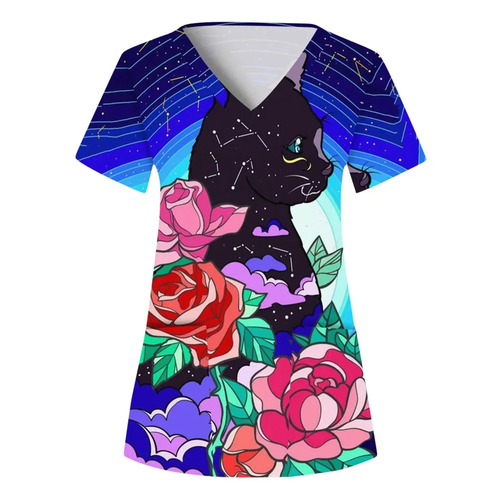 Nurse Uniform Women'S Tops V Neck T Shirt Cat Dog Cartoon Printed Tops Uniform Short Sleeve Pockets Medical Female Nurse Uniform
