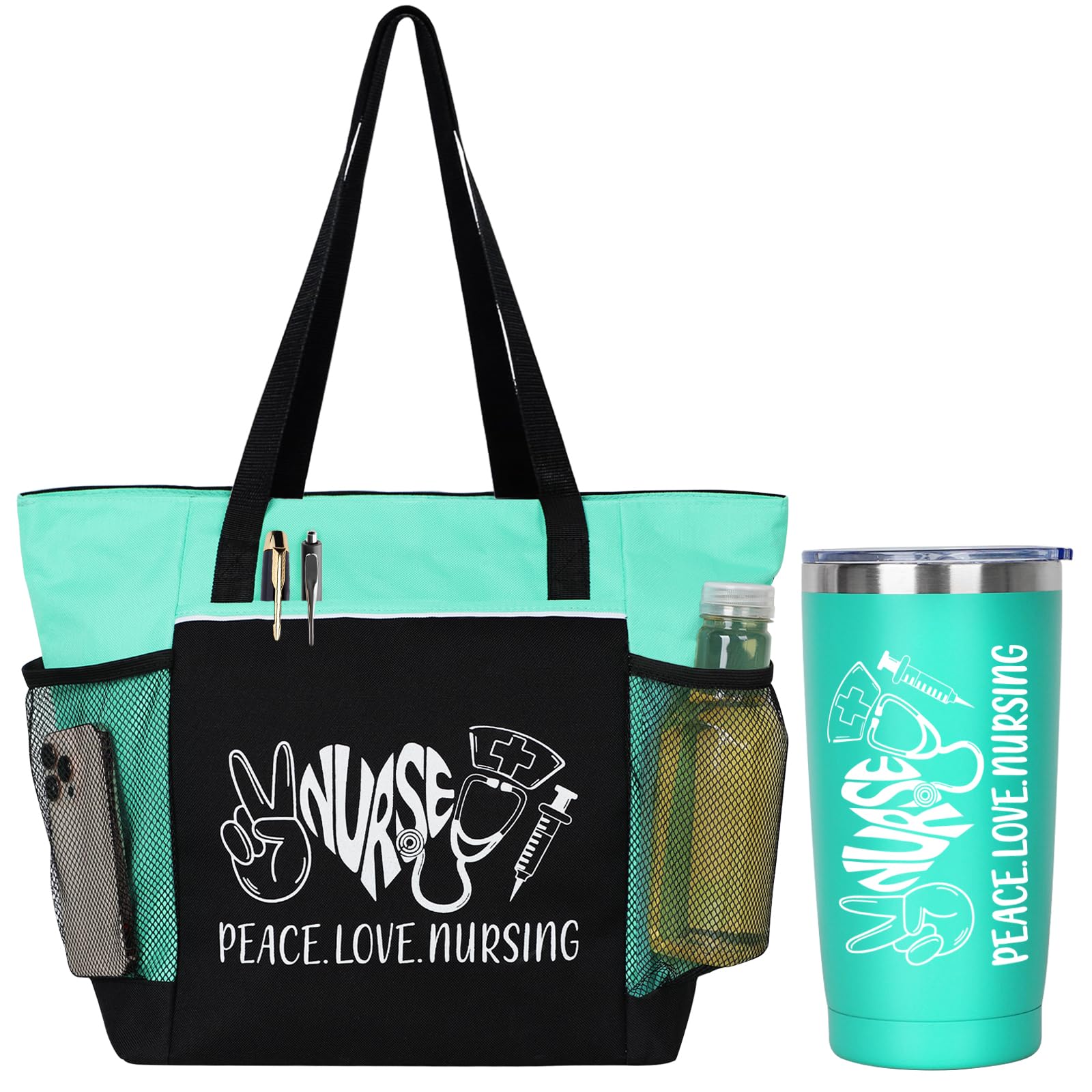 Peace Love Nursing. 2 Pieces - Nurse Gifts for Women Includes Zippered Tote Bag and Stainless Steel Insulated Tumbler Nurse Appreciation Gift Nurse Accessories for Work Nurse Bag for Work(Green)