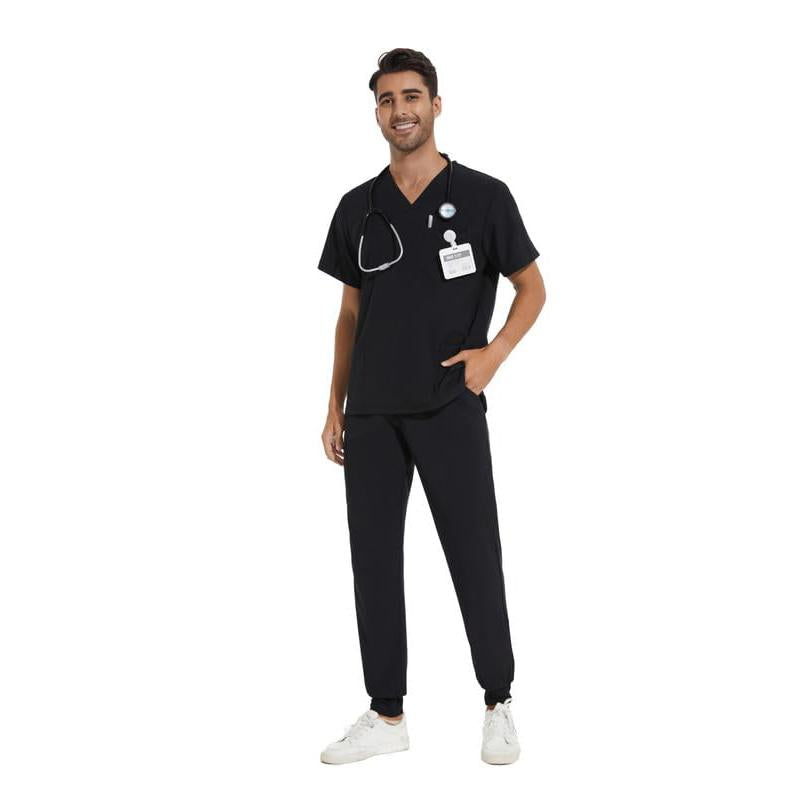 Cozyfit Men Scrubs Set — Stretch V-Neck Scrub Top & Jogger Pant with 8 Pockets, Yoga Waistband, Anti-Wrinkle Scrubs for Men Menswear Overalls