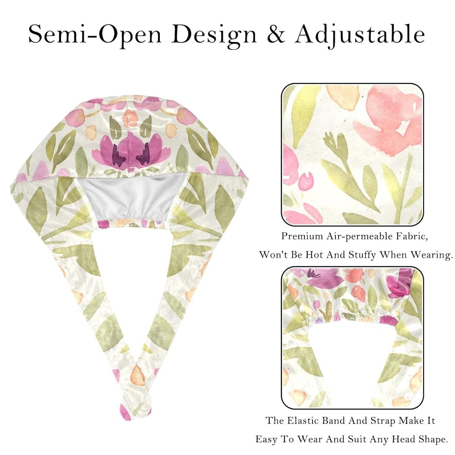 2 Pack Aesthetic Pink Floral Pattern Work Caps with Sweatband for Women Men, Bouffant Scrub Turban Cap