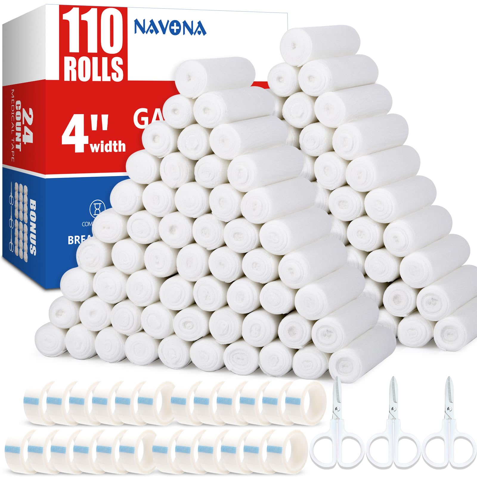 110 Pack Gauze Rolls Bandages 4 in x 4.1 Yards Individually Wrapped Breathable Rolled Gauze Mummy Wraps Premium First Aid Supplies & Medical Supplies for Wounds