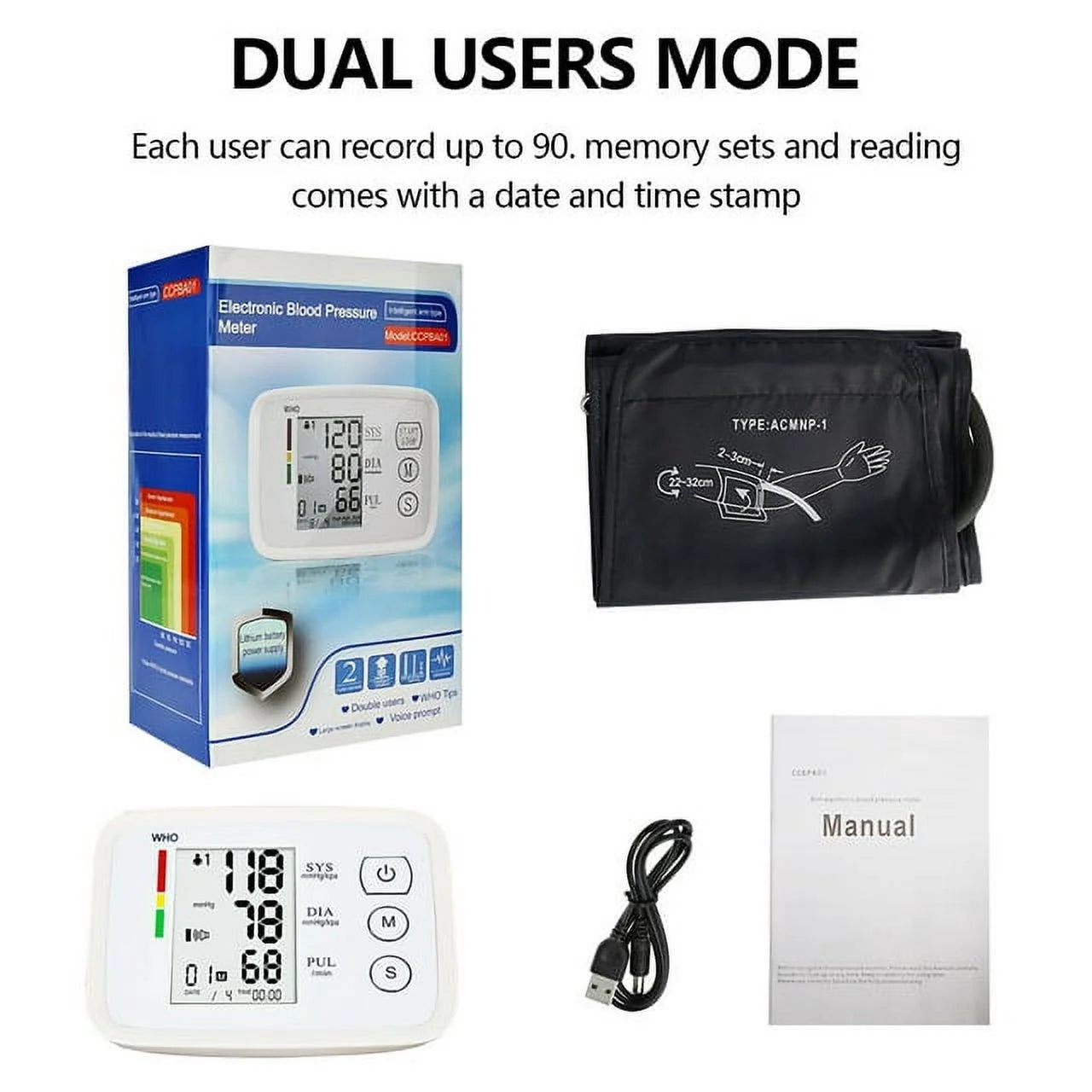 Blood Pressure Cuff, Rechargable Upper Arm Blood Pressure Monitor BP Machine, Accurate Blood Pressure Machine Kit, Pulse Rate Monitor for Home Use