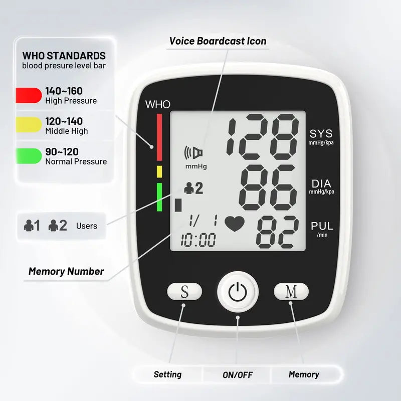 Portable Rechargeable Digital Blood Pressure Monitor with LCD Display, 2 X 99 Readings Memory for Home & Health Monitoring (Built-In Lithium Battery)