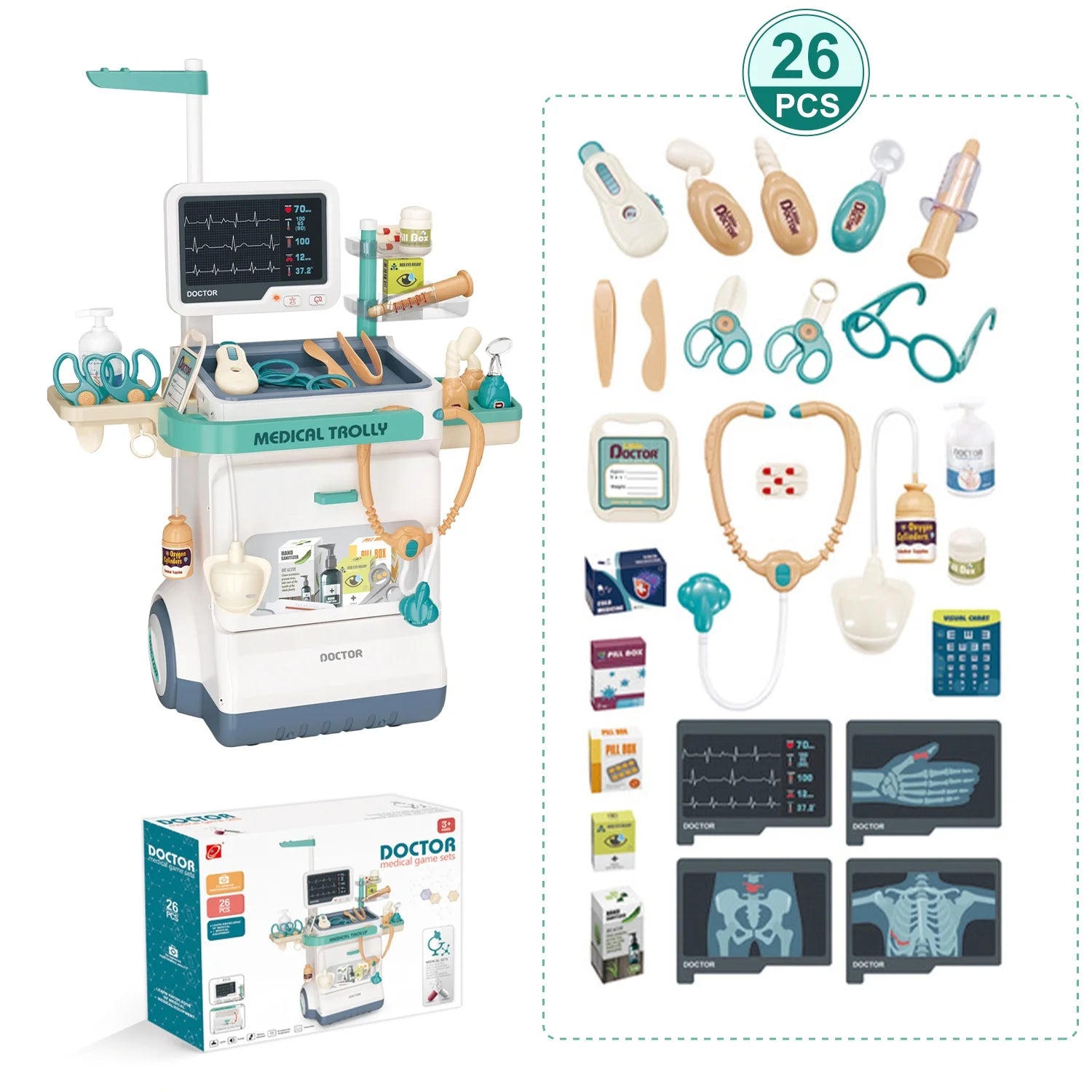 Doctor Kit for Kids Doctor Set Pretend Play Medical Kit Station Set for Girls Boys Dr. Playset Role Play Mobile Cart Trolley for Toddler Toys Christmas Gift, 26 PCS
