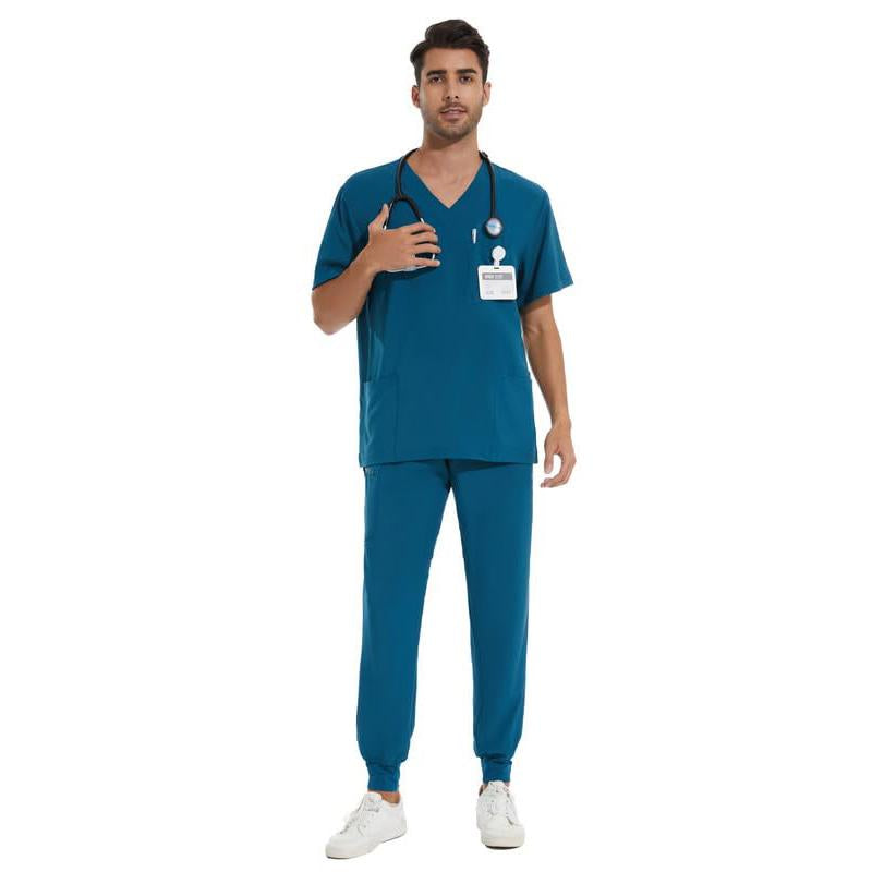 Cozyfit Men Scrubs Set — Stretch V-Neck Scrub Top & Jogger Pant with 8 Pockets, Yoga Waistband, Anti-Wrinkle Scrubs for Men Menswear Overalls