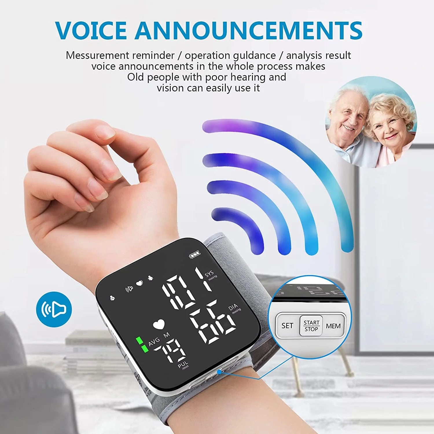 Blood Pressure Machine Large LED Backlit Display Adjustable Wrist Cuff Automatic Dual 99 Reading Memory Automatic Digital BP Monitor with Irregular Heartbeat Indicator for Home Use